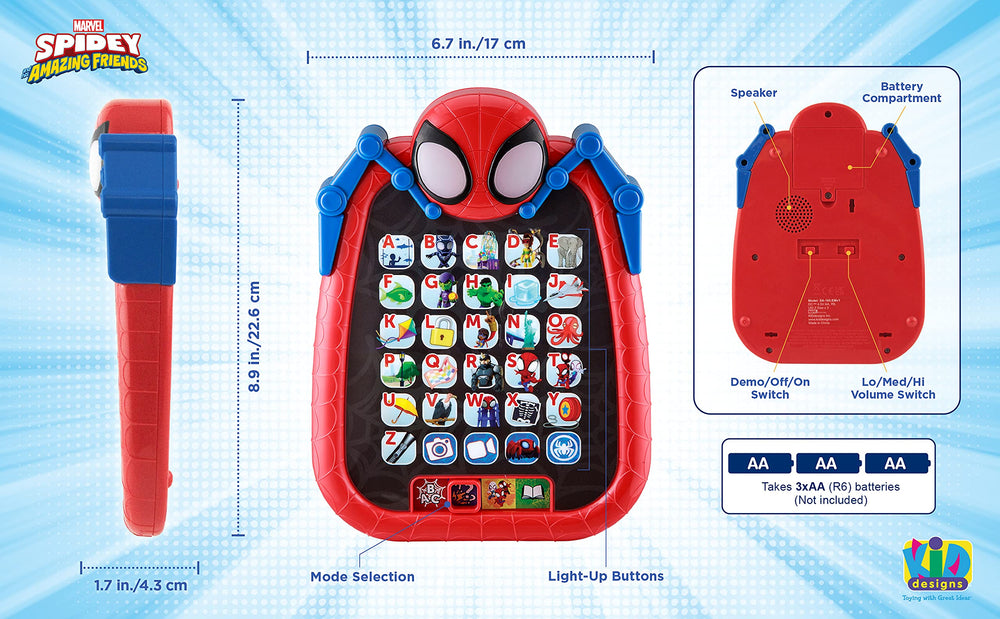 ekids Spidey tablet play mode with interactive buttons guiding toddlers.