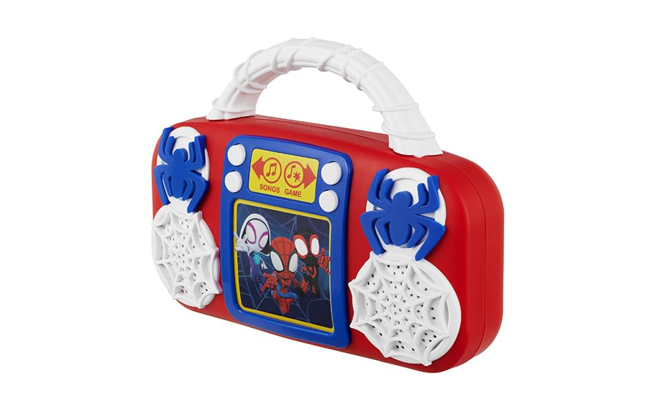ekids Spidey toy music player shows battery and volume controls