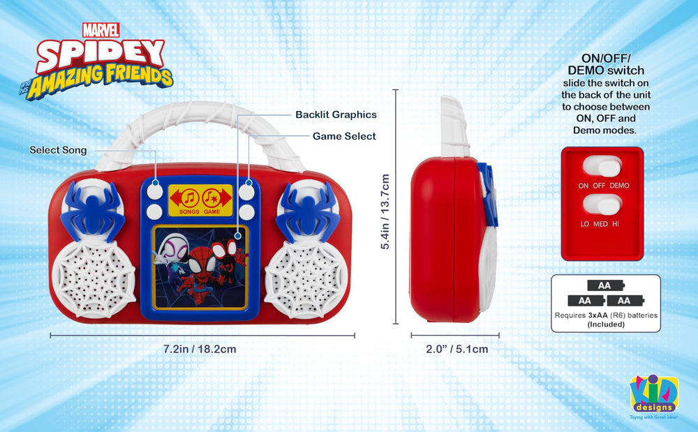 ekids Spidey toy music player buttons close-up for easy use