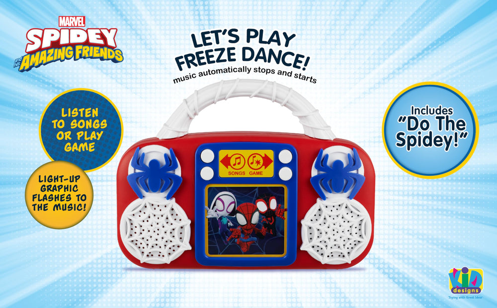 ekids Spidey toy music player in action during dance phase
