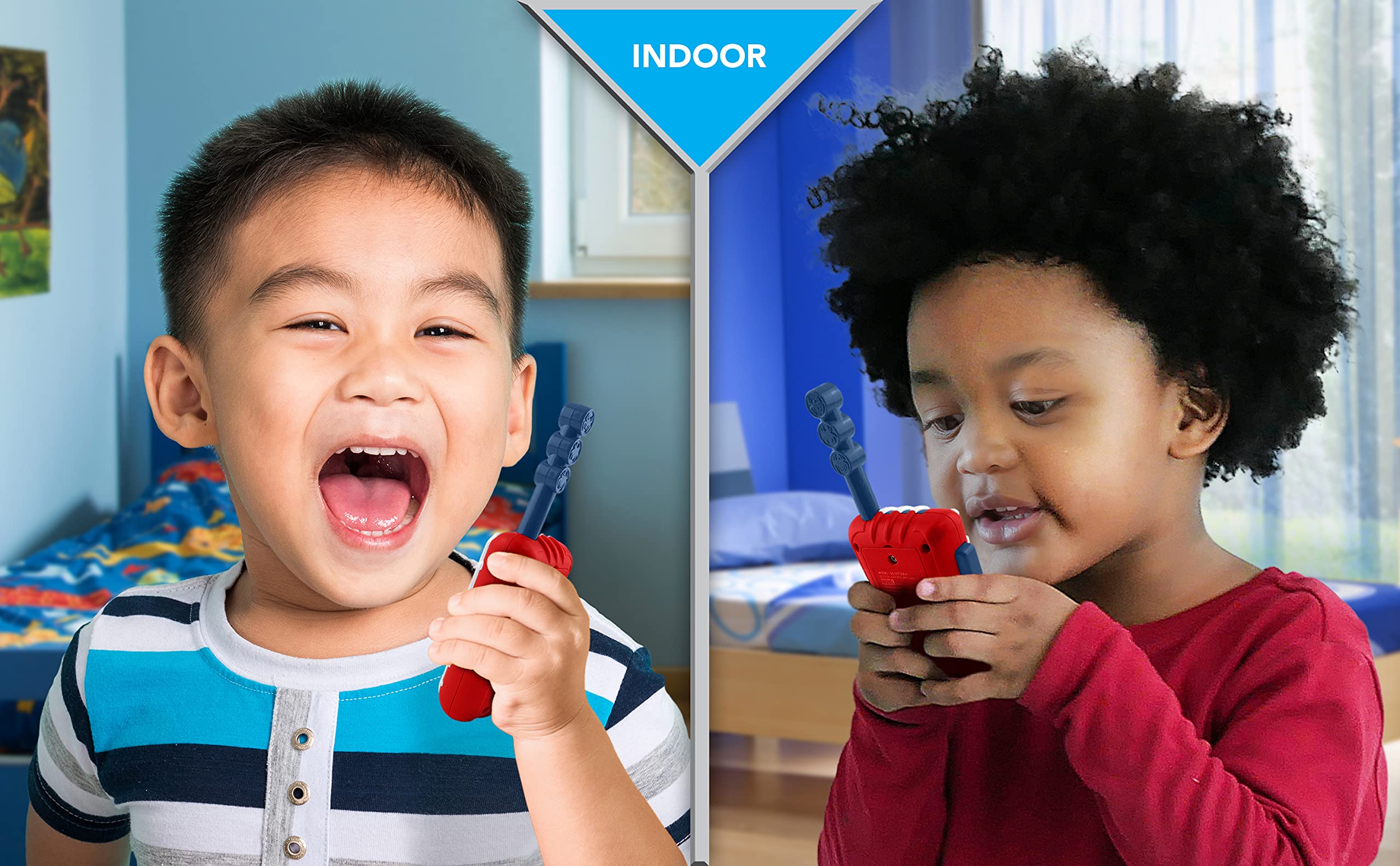 Durable, lightweight eKids Spidey walkie talkies for indoor and outdoor adventures.