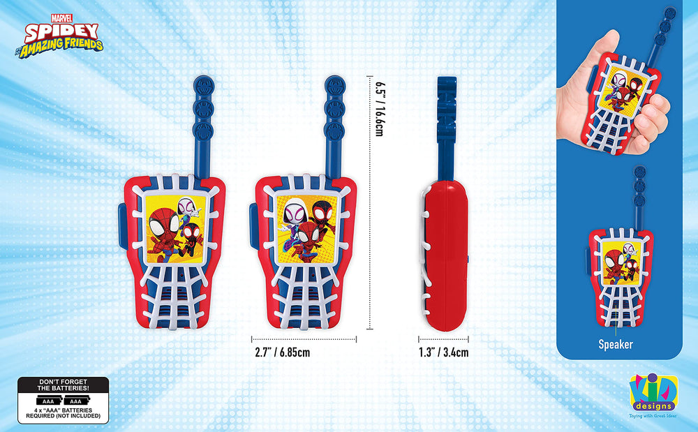 eKids Spidey walkie talkies extended range for outdoor play and quick chats.
