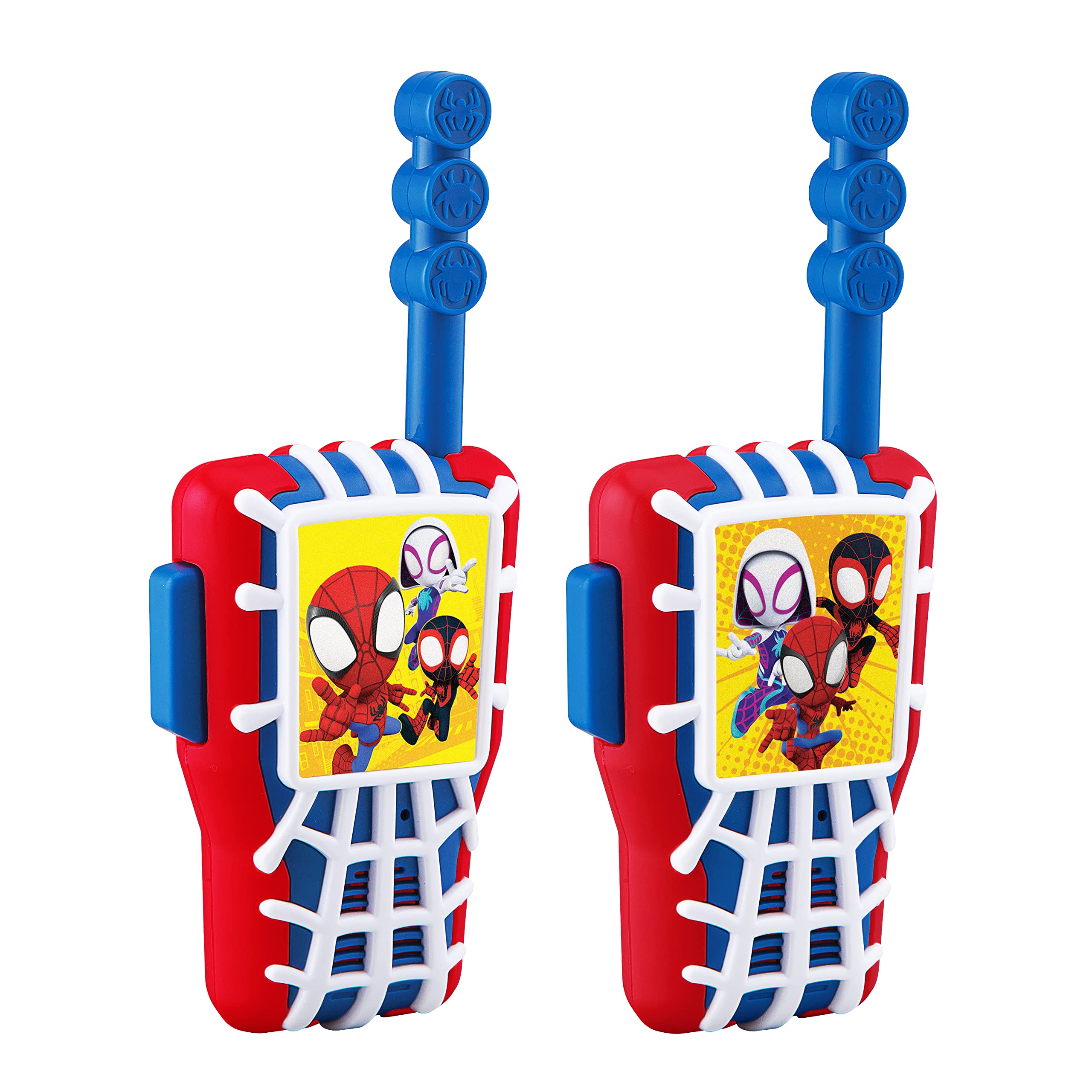 eKids Spidey walkie talkies front view with vivid graphics and kid-friendly controls.