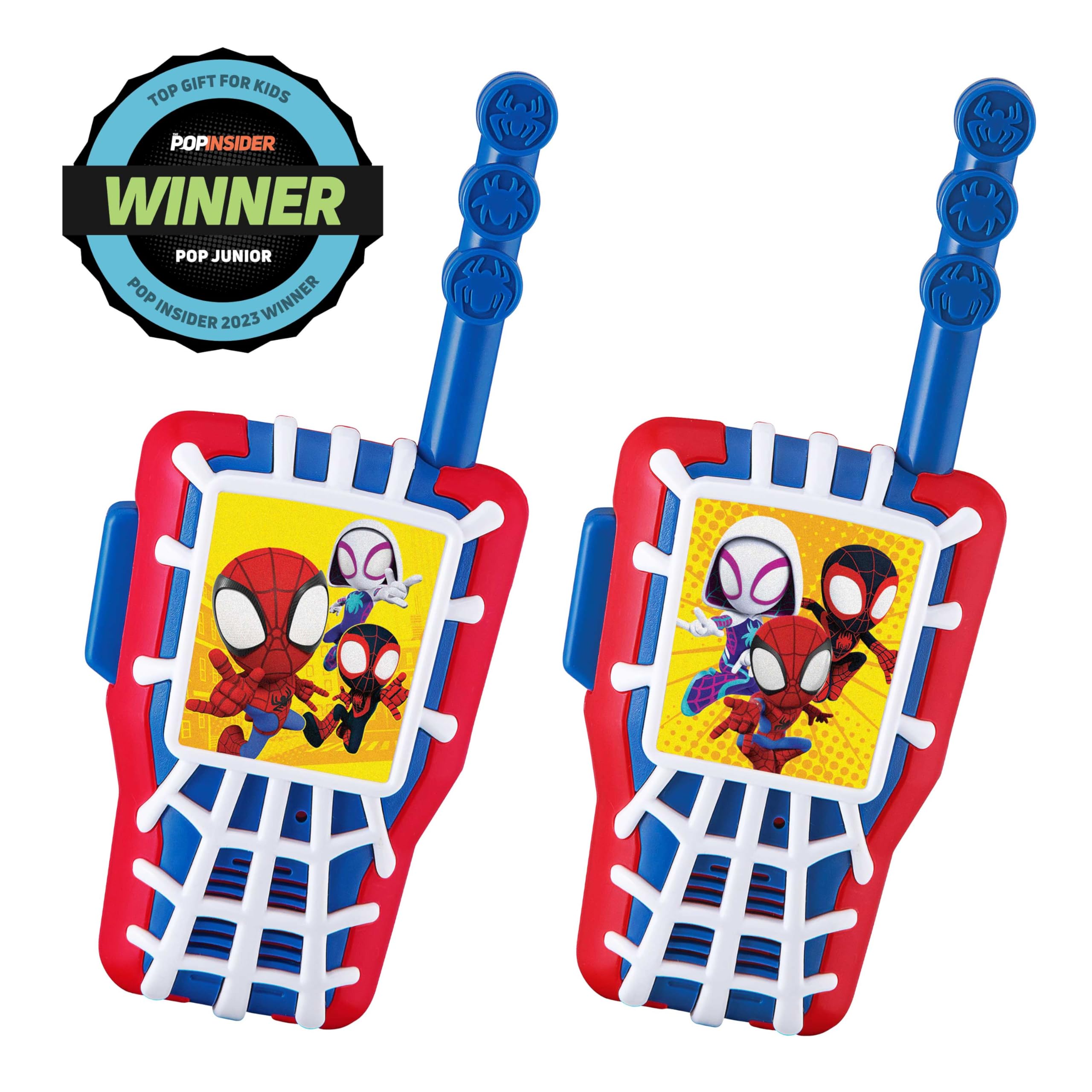 Kid-friendly push-to-talk button on eKids Spidey walkie talkies for easy use.