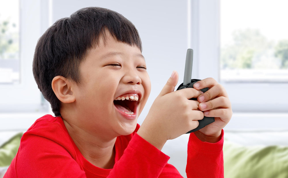 ekids Storm Trooper walkie talkie side view, lightweight and portable.