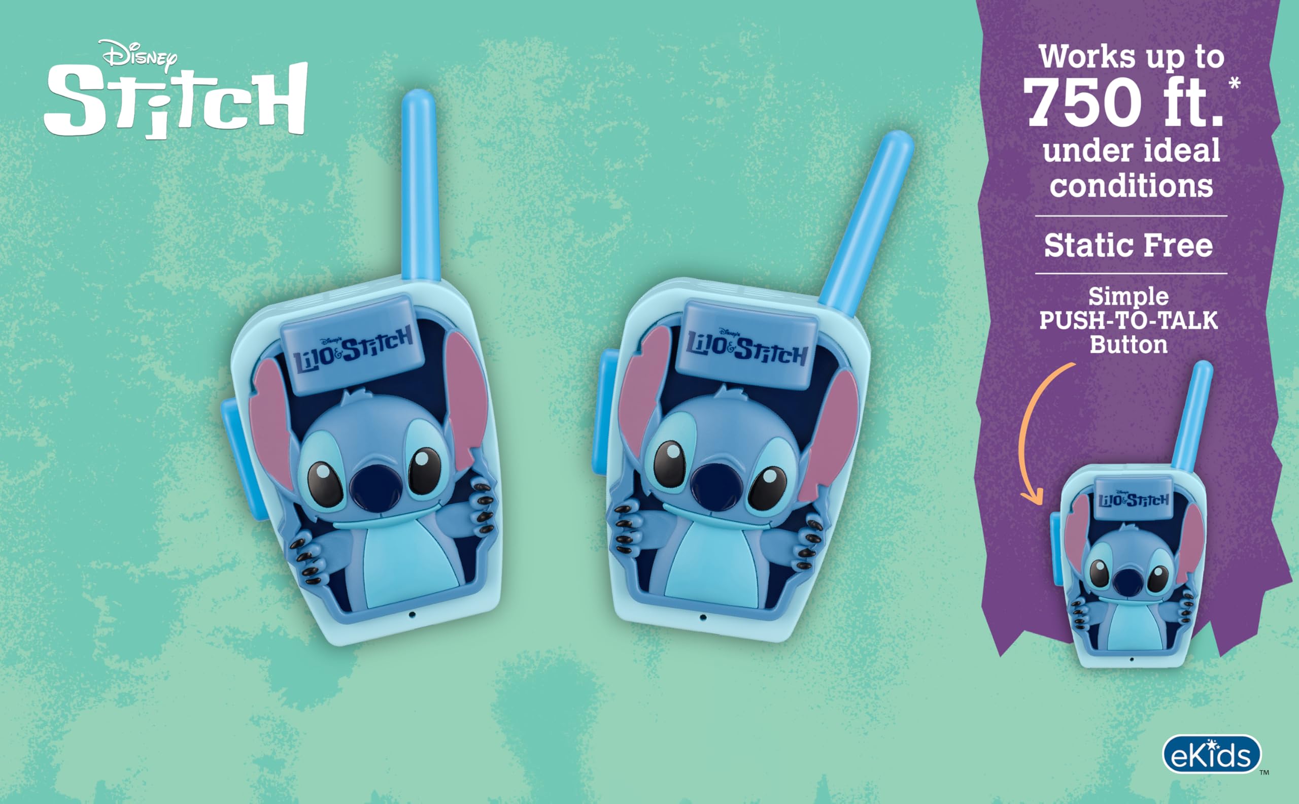 eKids Stitch Walkie side view highlights compact, durable construction for active kids