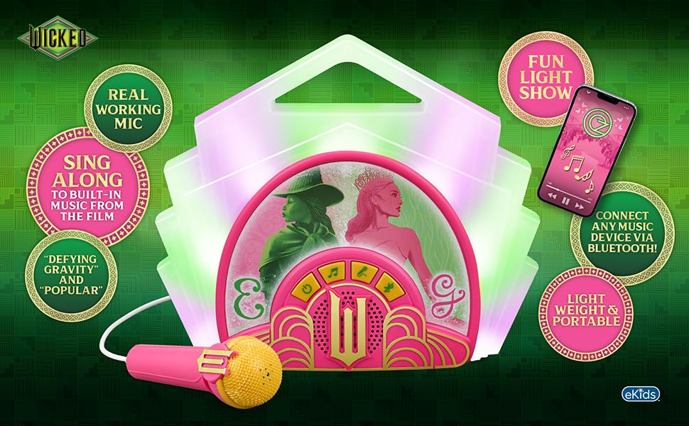 Ekids Wicked Karaoke graphic design and colorful lights for kid performances.