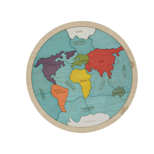 Ekoplay continents oceans wooden puzzle front view promotes early geography exploration.