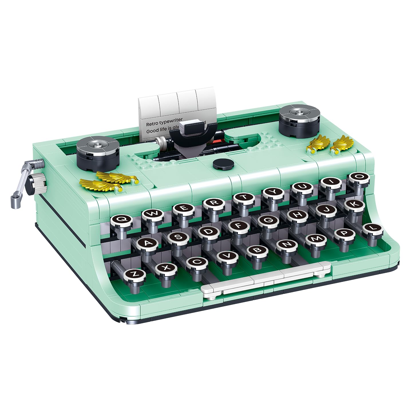 ELAICREE Ideas retro typewriter building set assembled display, showcases tactile craftsmanship.