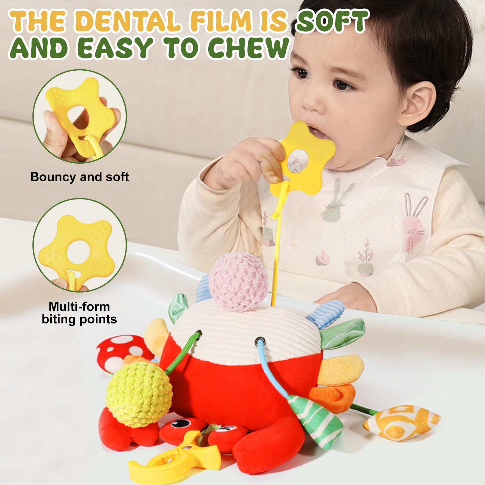 ElapseGlow soft plush crab with teether and mirror for infant play.