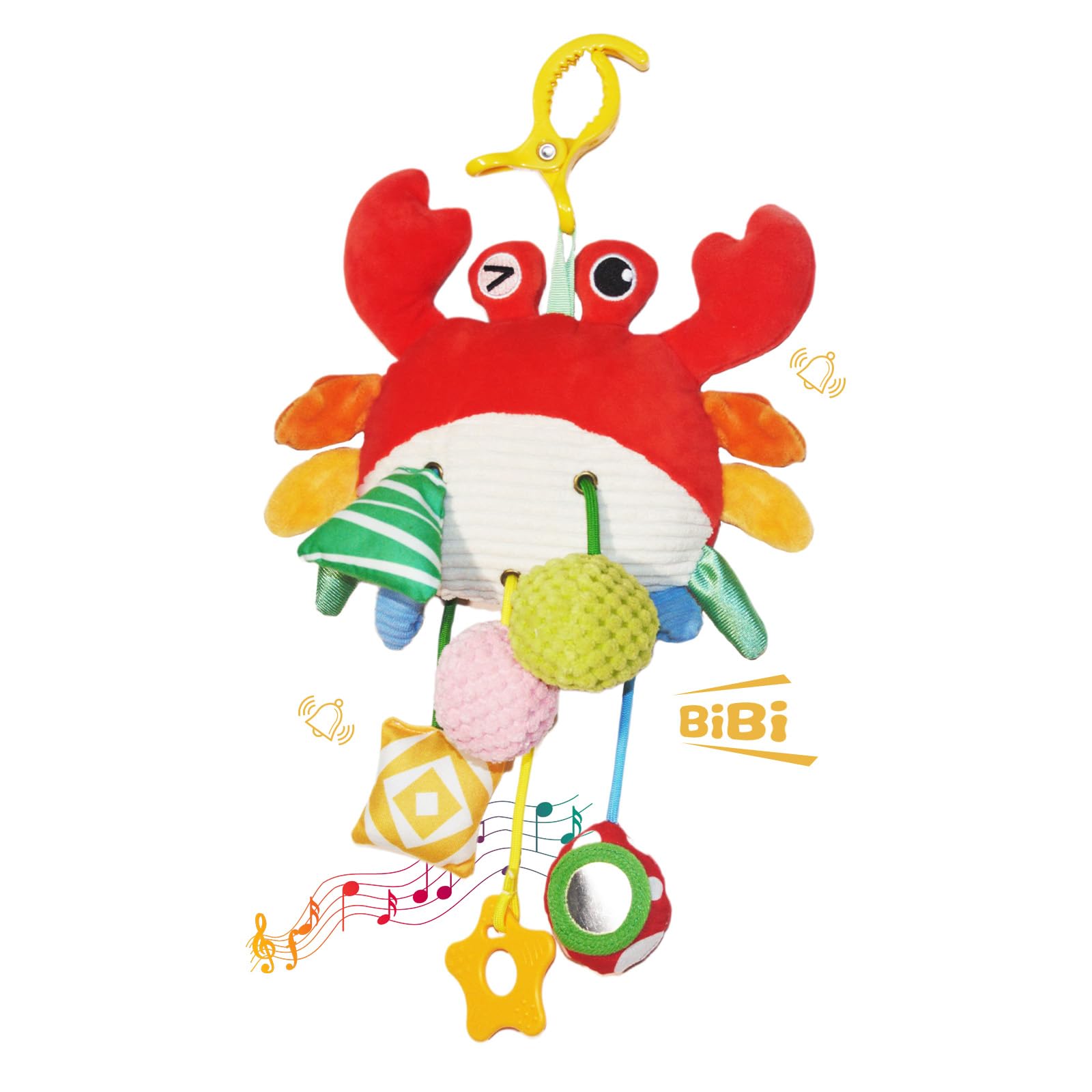 ElapseGlow crab baby toy showing clip-on design for stroller and car seat use.