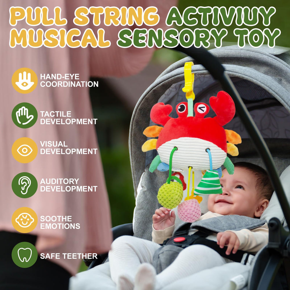 ElapseGlow stroller sensory toy with crinkle, rattle, and mirror textures.