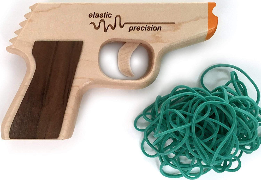 Elastic Precision PPK rubber band gun close-up shows rich wood grain and durability.