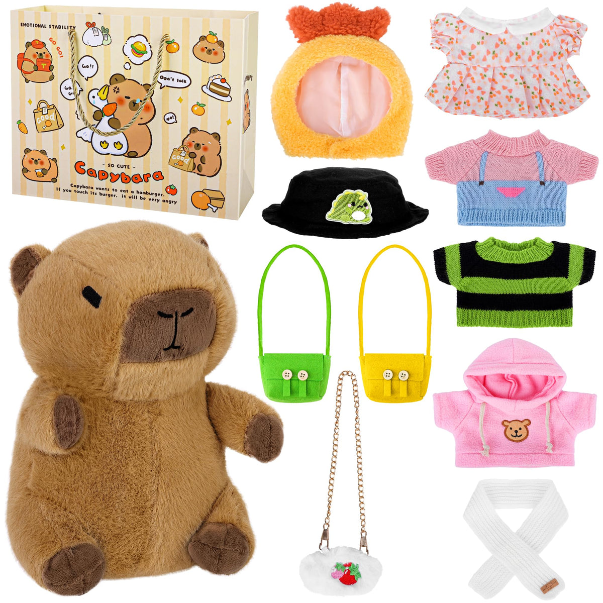 Elcoho capybara plush 10-inch with accessories for playful dress-up and gifting.