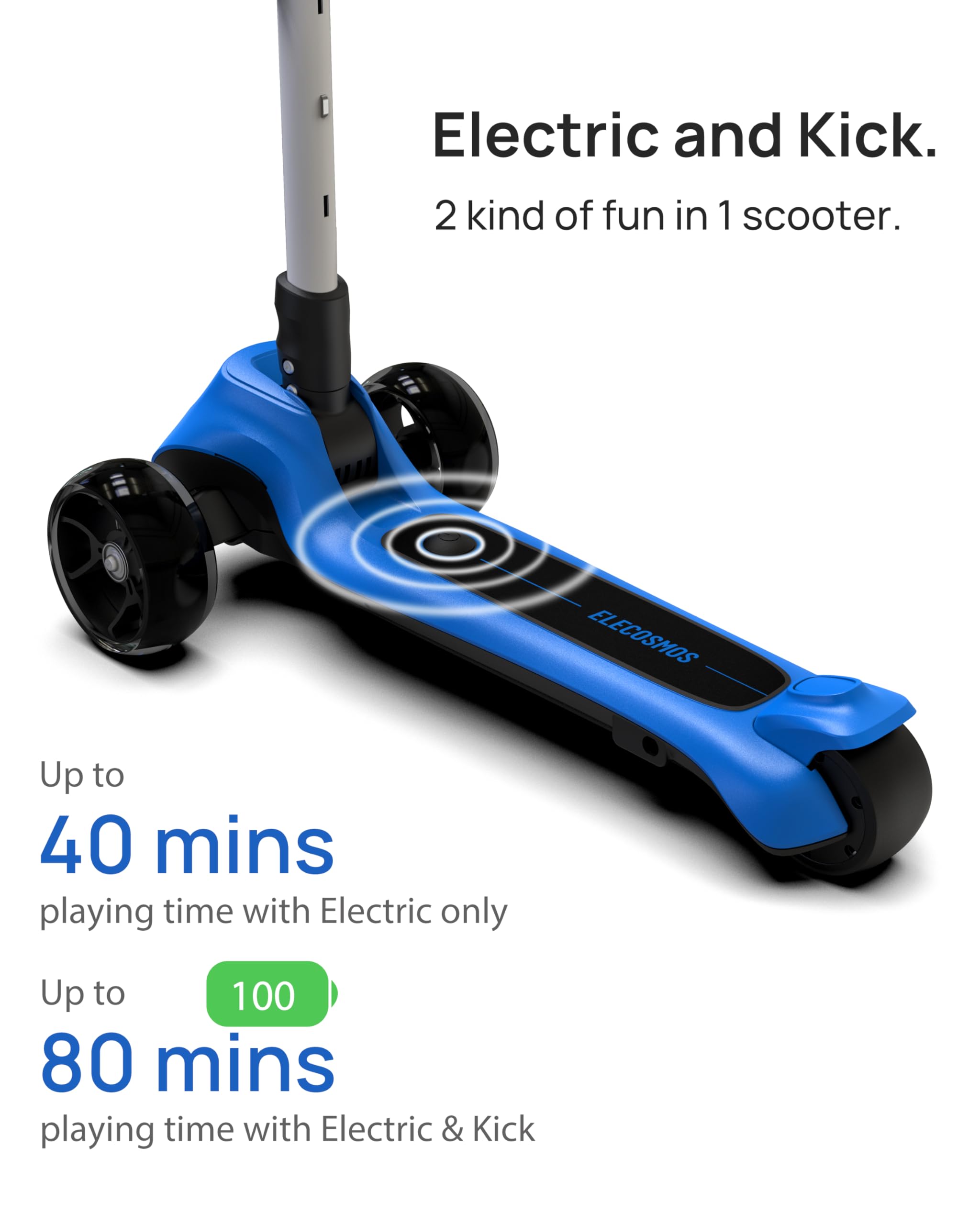 ELECOSMOS purple 3-wheel scooter, side view with adjustable height for growing children.