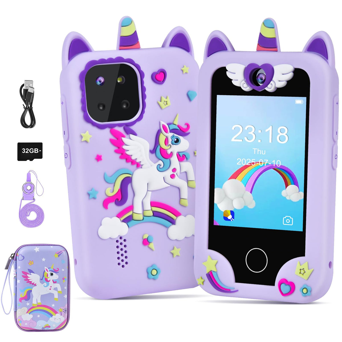 Elecoutek Unicorn Phone front view showcases kid-friendly design for easy handling and exploration.