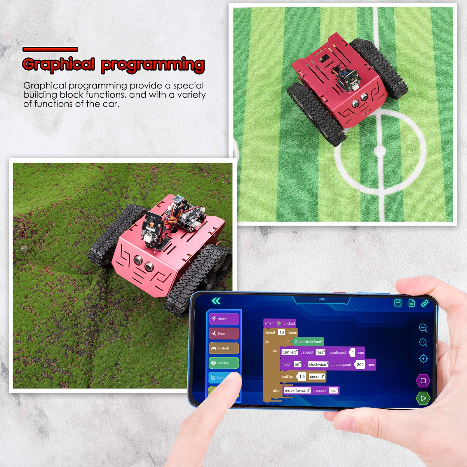 ELEGOO Conqueror tank FPV camera with adjustable angle for immersive view.