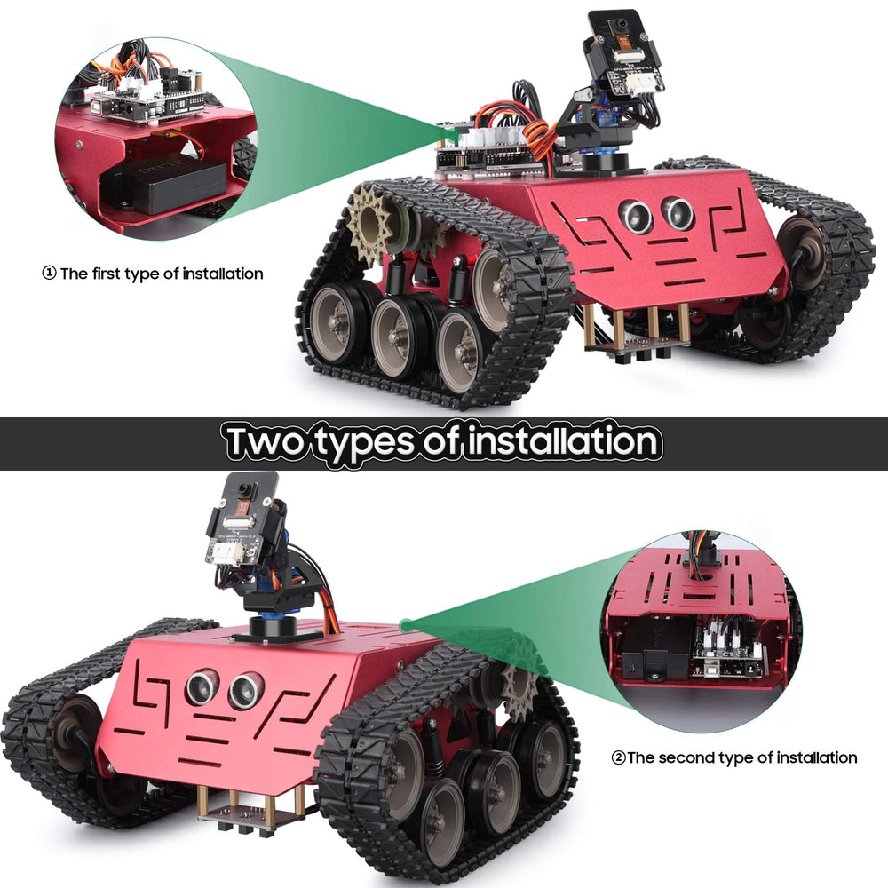 ELEGOO Conqueror tank two degree of freedom gimbal for flexible camera angles.
