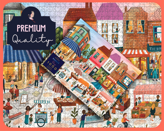 Elena Essex Market Day puzzle shows colorful storefronts and town square for relaxed focus.