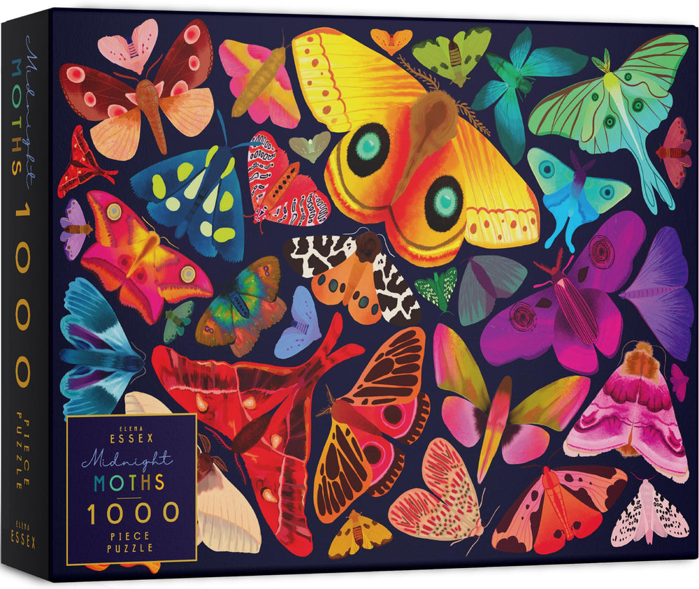 Elena Essex Midnight Moths puzzle cover with vibrant butterfly artwork for adults