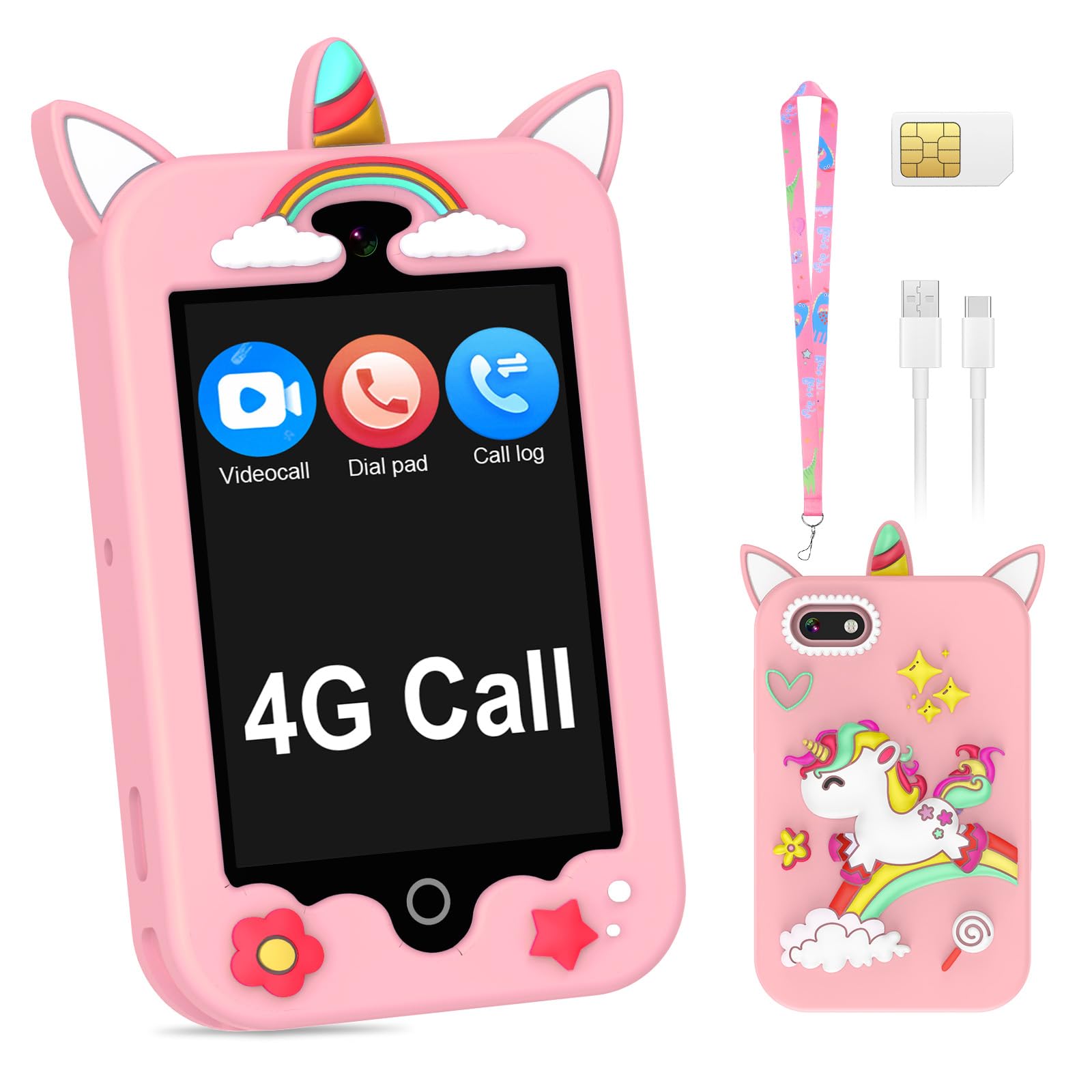 Eleoption 4G kid phone front view showcases a kid-friendly pink design for easy grip.