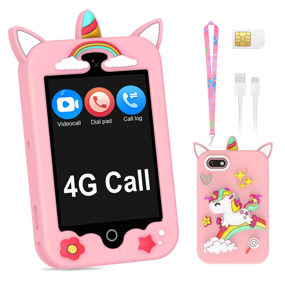 Eleoption 4G kid phone front view showcases a kid-friendly pink design for easy grip.