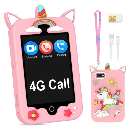 Eleoption 4G kid phone front view showcases a kid-friendly pink design for easy grip.