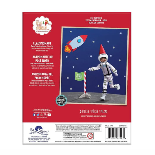 The Elf on the Shelf Clausmonaut spacesuit features glow-in-the-dark details for nighttime adventures.