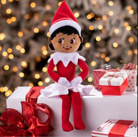 The Elf on the Shelf Plushee Pal snuggler dark tone boy hugging; inviting companionship.
