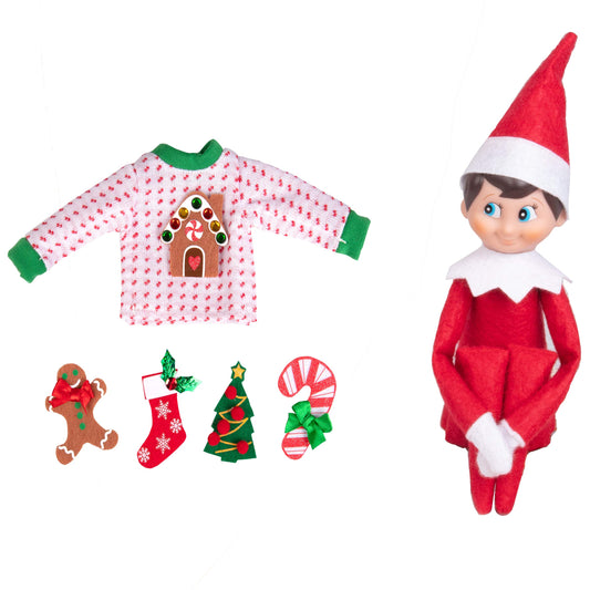 Elf on the Shelf ugly sweater decals kit featuring gingerbread and candy cane for customization.