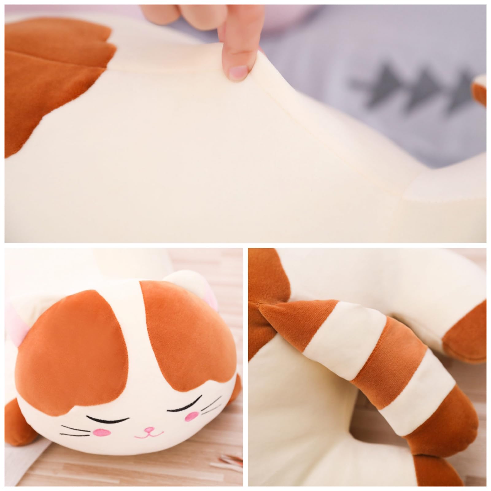 Elfishgo cat plush pillow used as bedtime buddy and decor.