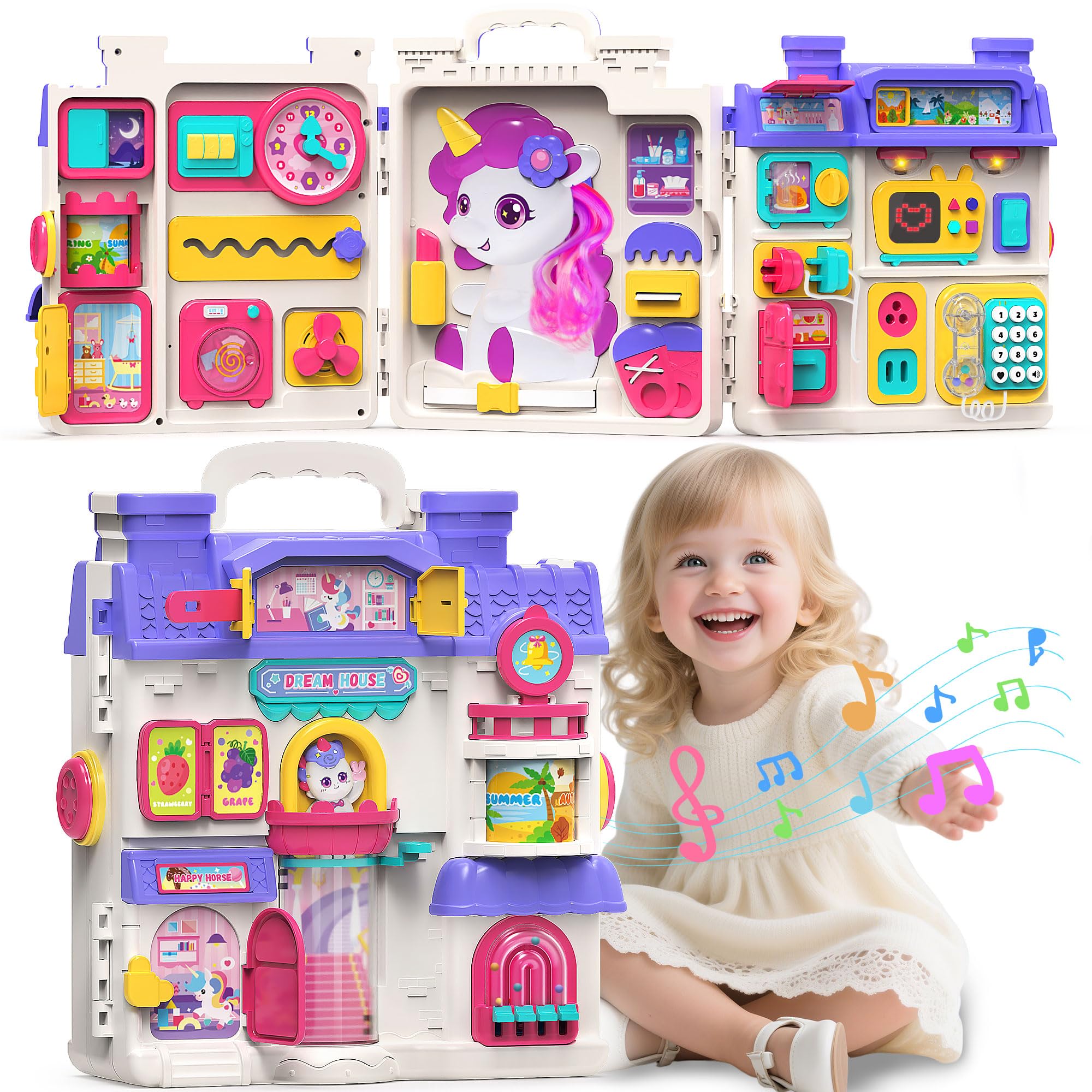 ELFJOY Montessori Busy Board unicorn hair detail for grooming pretend play and fine motor practice