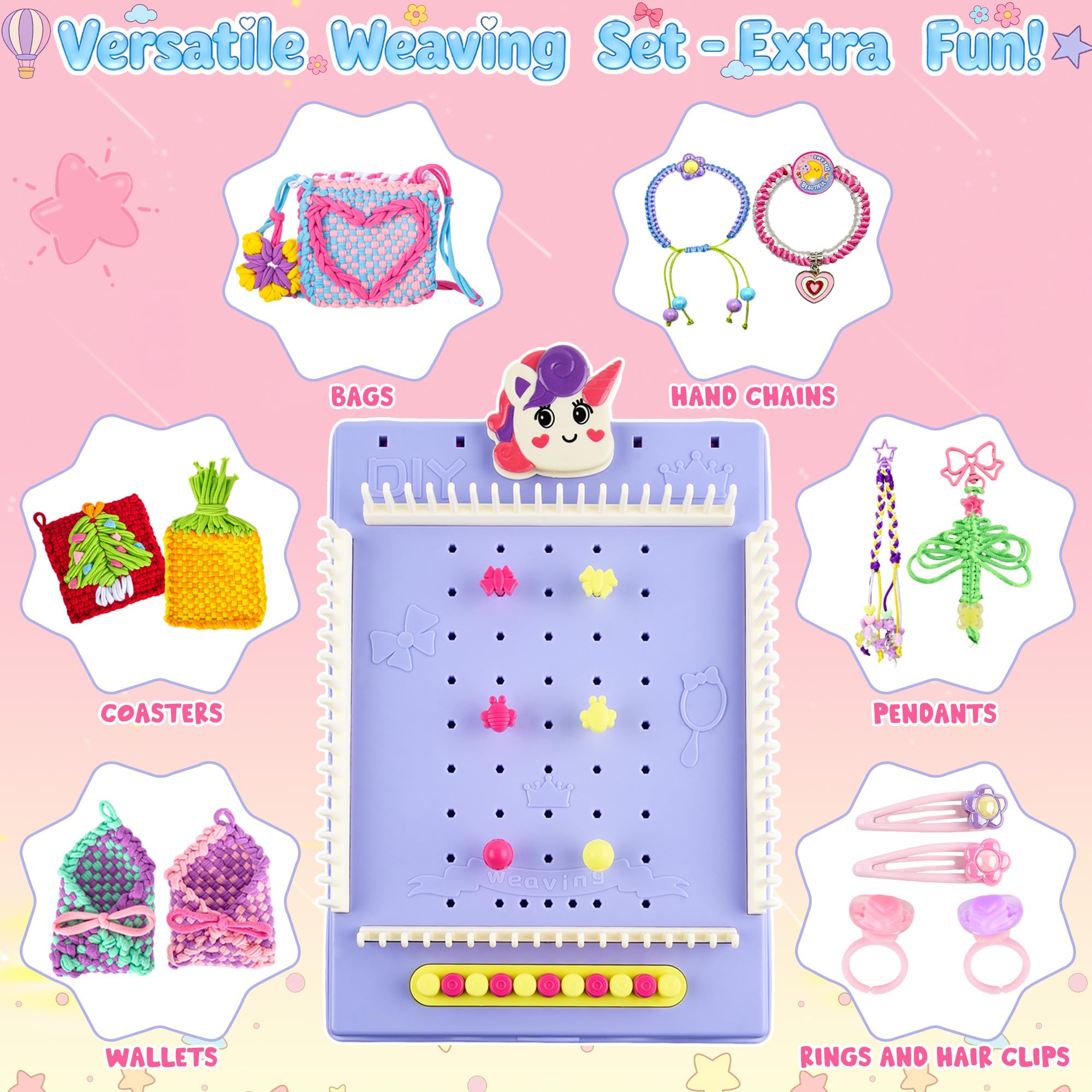 ELFJOY colorful weaving loom with strings for beginner weaving projects.
