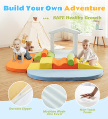 Elftopia dynamic color blocks attract curiosity and encourage imaginative climbing setups.