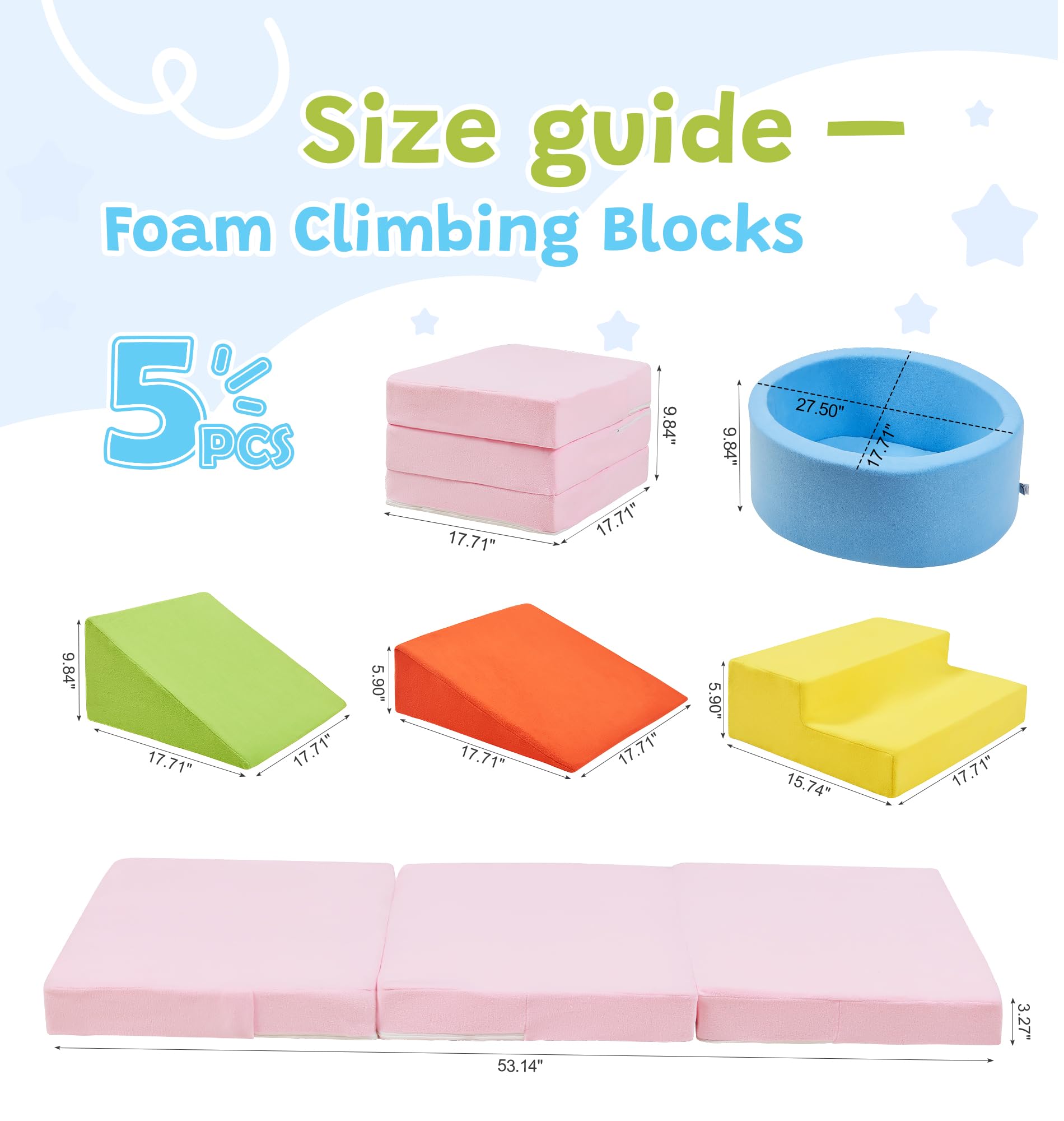 Elftopia foam blocks with stairs side view showcases varied climbing options.