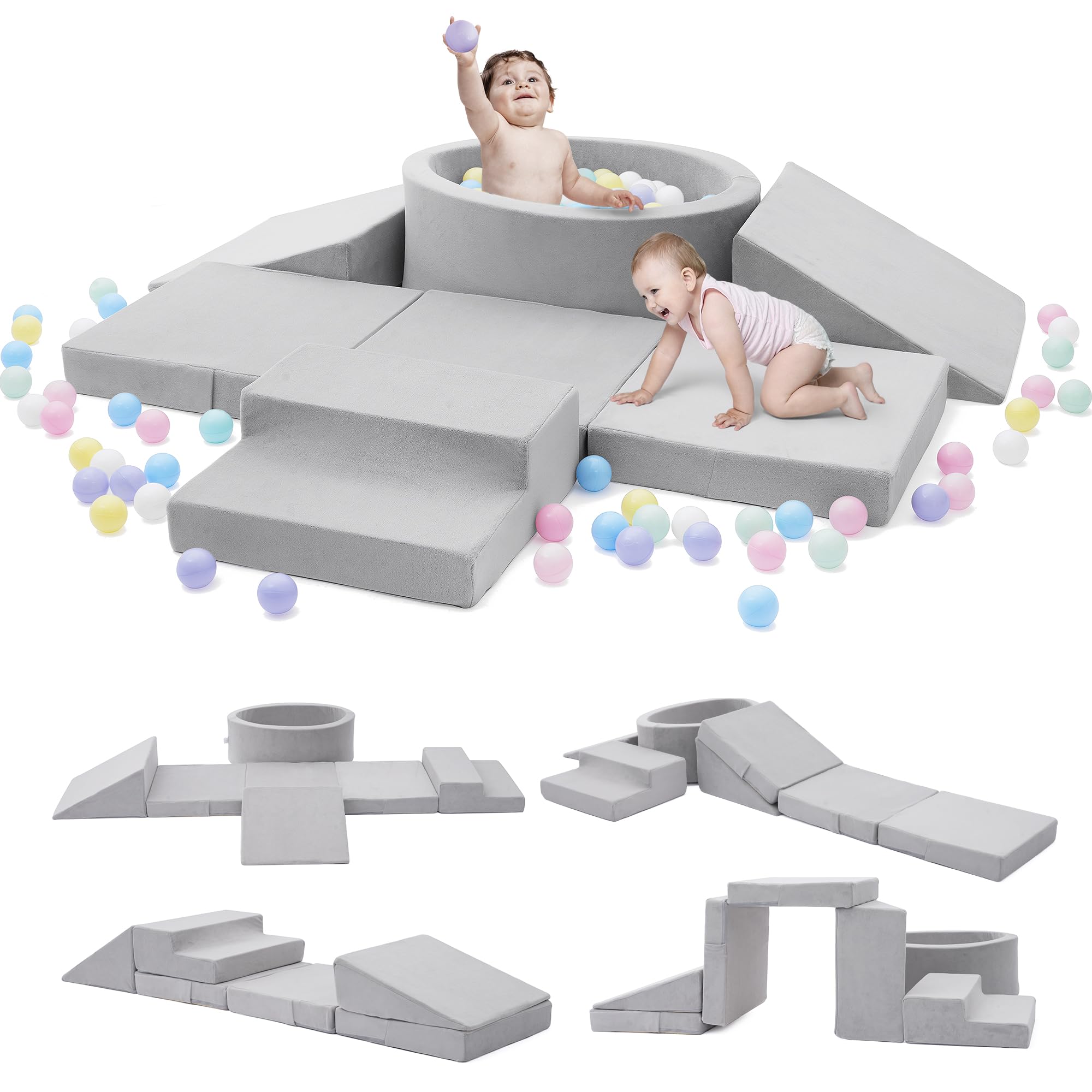 Elftopia foam climbing blocks with ball pit in grey support safe crawling and exploration