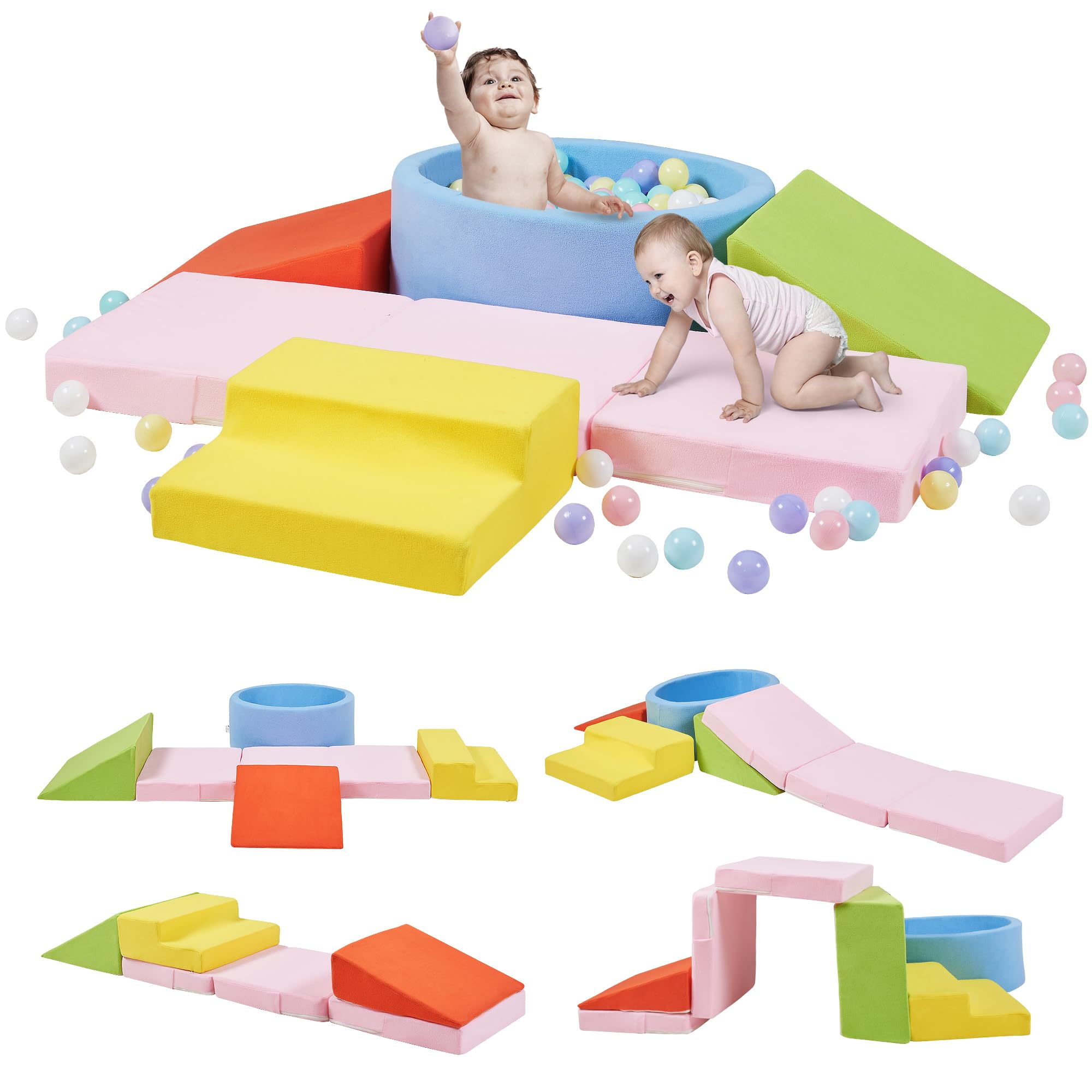 Elftopia foam climbing blocks with ball pit and stairs provide safe indoor play.