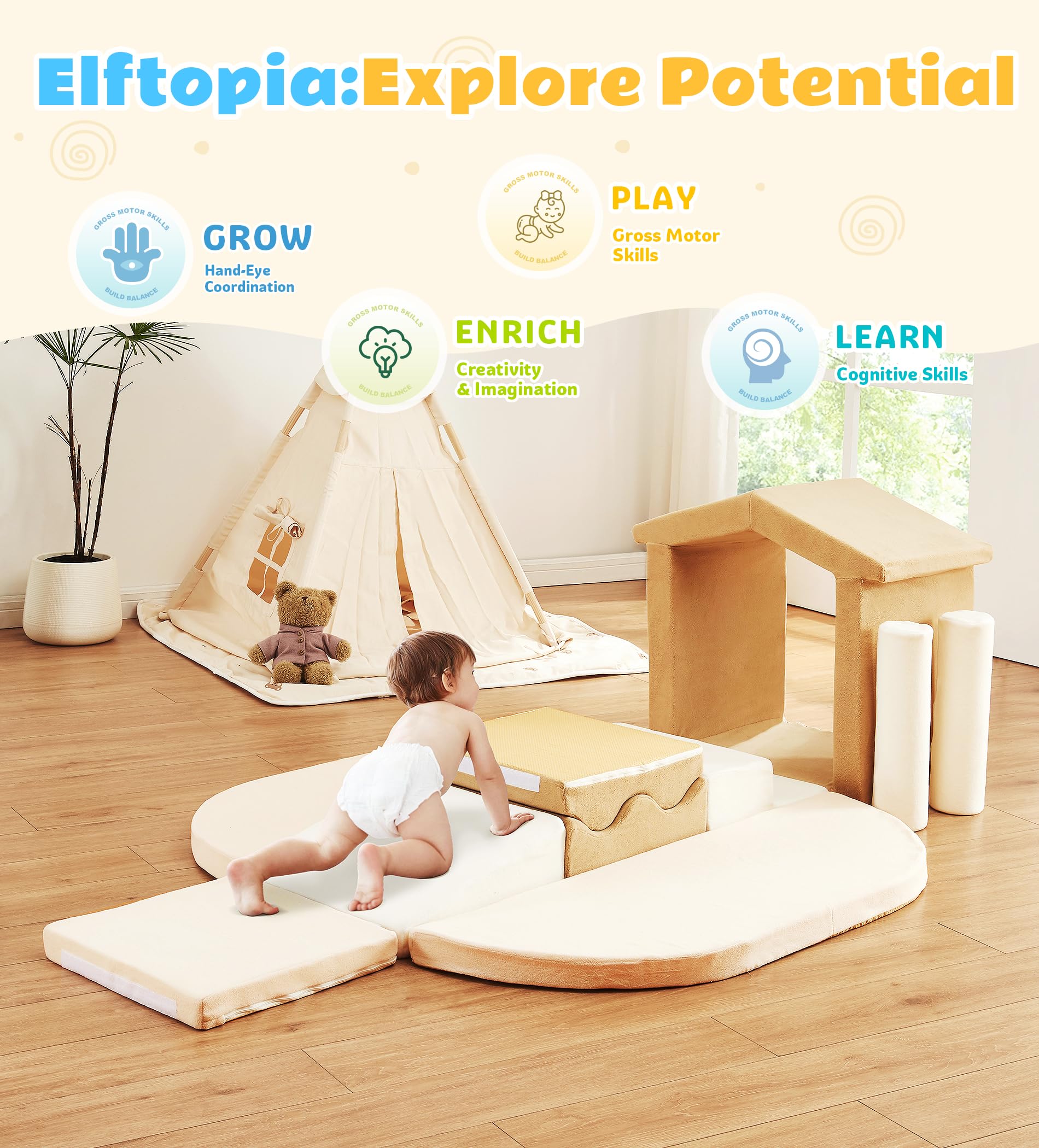 Elftopia foam blocks include slide elements for joyful, low-height sliding play