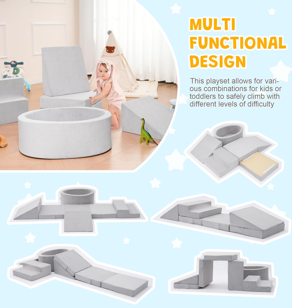 Elftopia foam blocks staircase setup in grey aids independent stepping and confidence