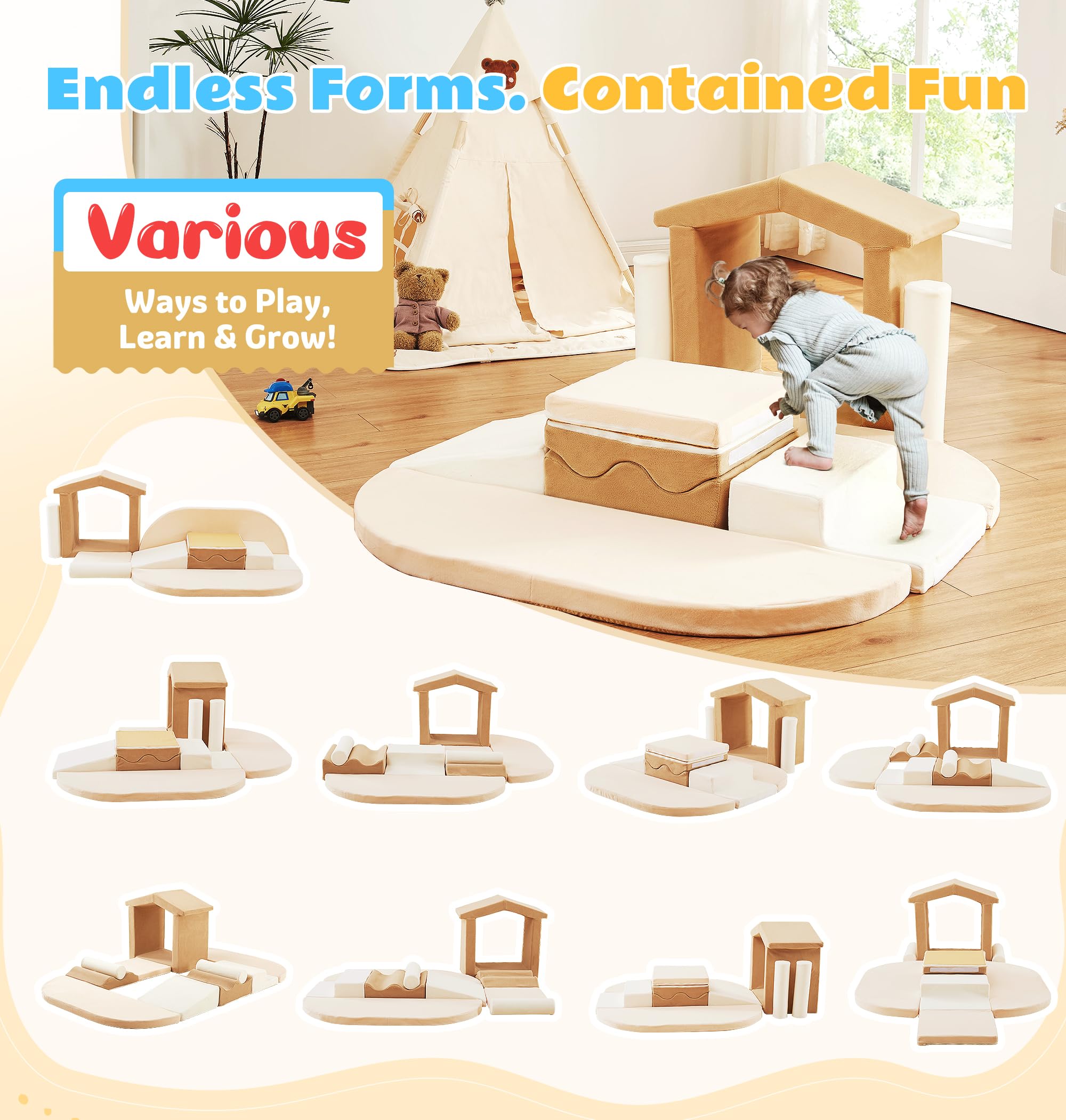 Elftopia foam blocks featuring stairs provide safe ascent paths for little climbers