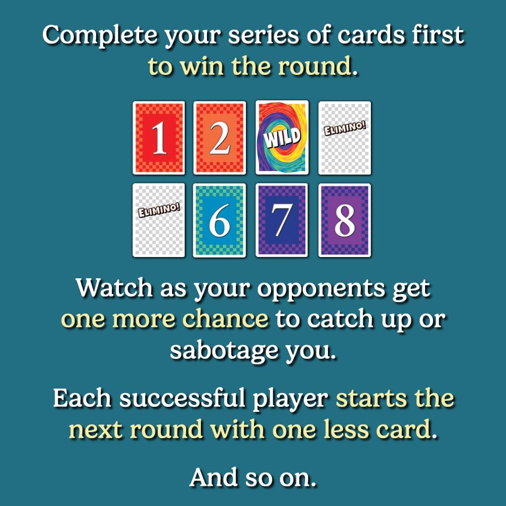Elimino game moment with sabotaging cards increasing excitement.