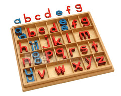 Elite Montessori movable alphabet letters in red and blue for early word building.