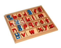 Elite Montessori wooden box with letters ready for hands on spelling practice.