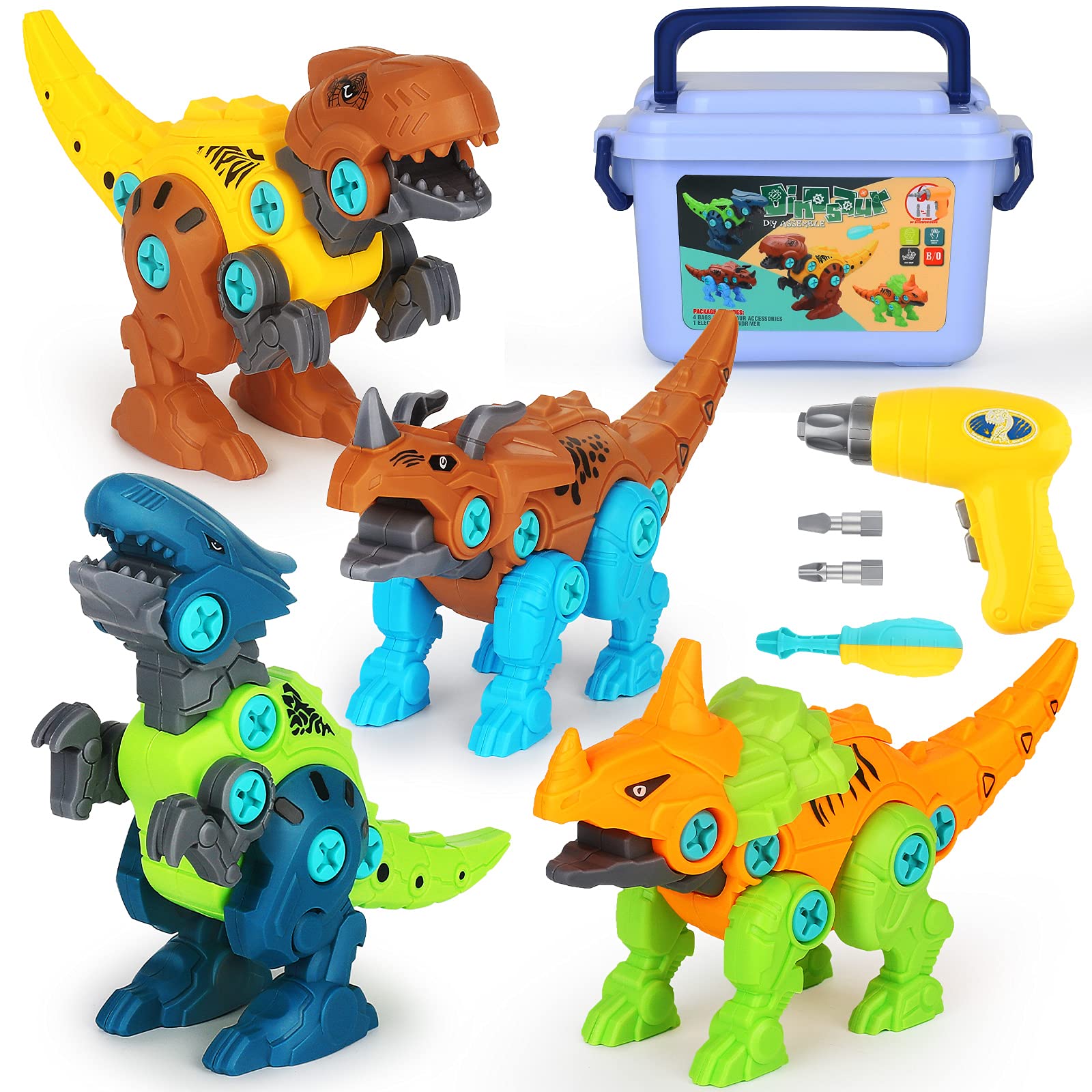 Elitoky four-pack dinosaur toys with storage box for easy cleanup after play