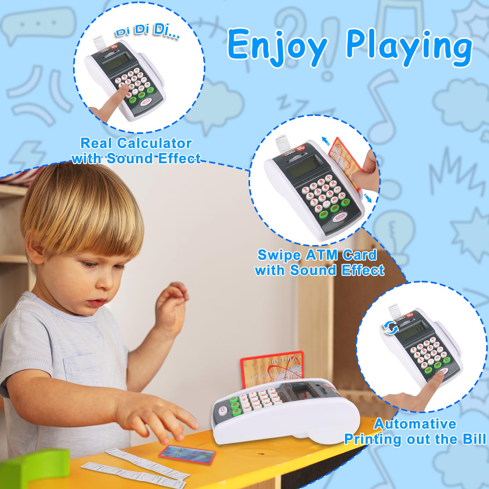 Child playing cashier with Ella Dream, engaging in roleplay and social interaction.