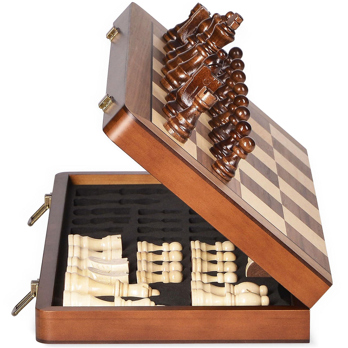 ELONGDI 15-inch wooden chess board folded for compact travel and storage.