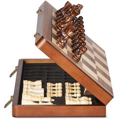 ELONGDI 15-inch wooden chess board folded for compact travel and storage.