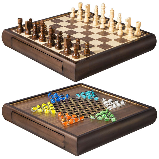 ELONGDI 2-in-1 magnetic chess and checkers board on a clean surface, showing smooth play surface