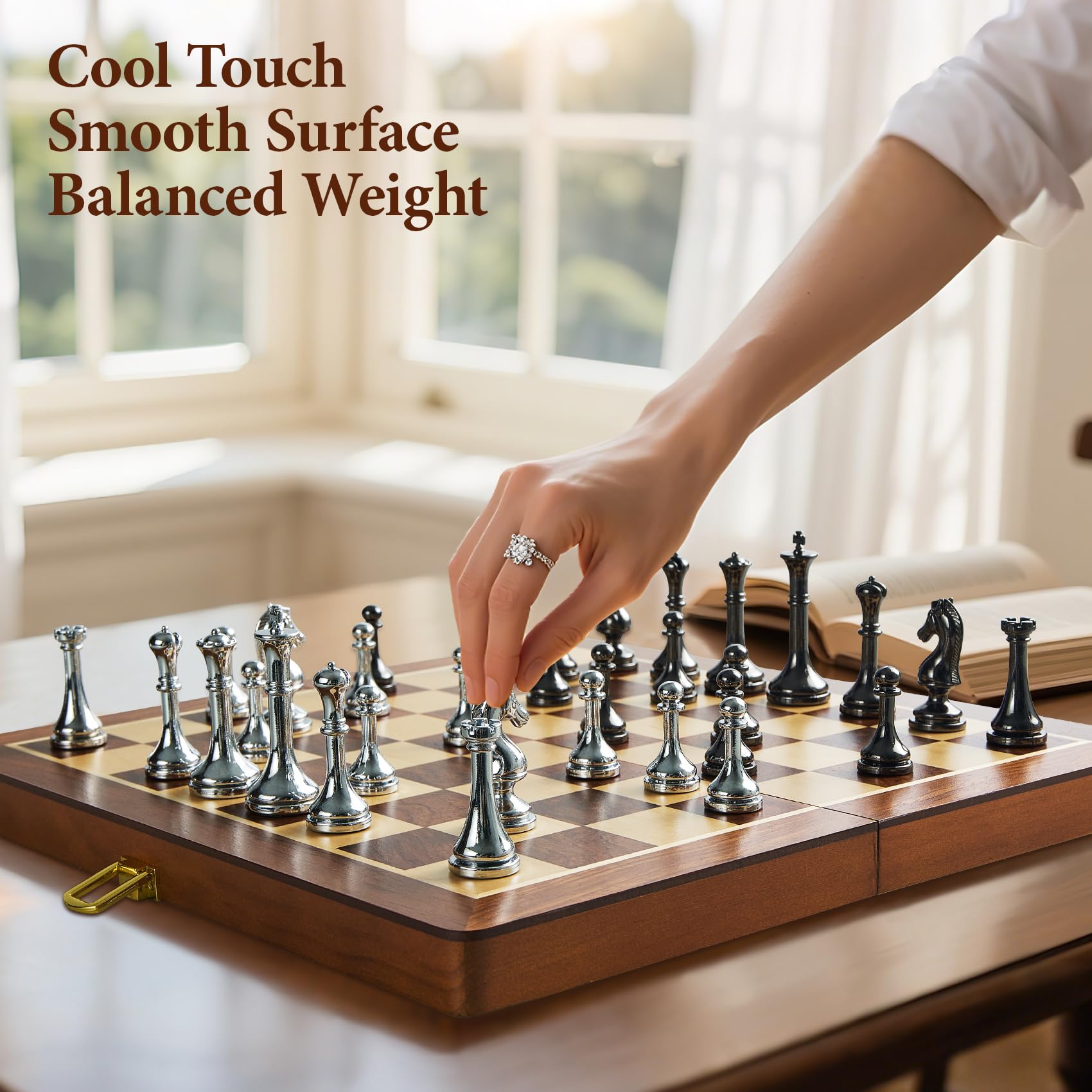 ELONGDI chess set includes built-in slot storage to keep pieces organized on the go.