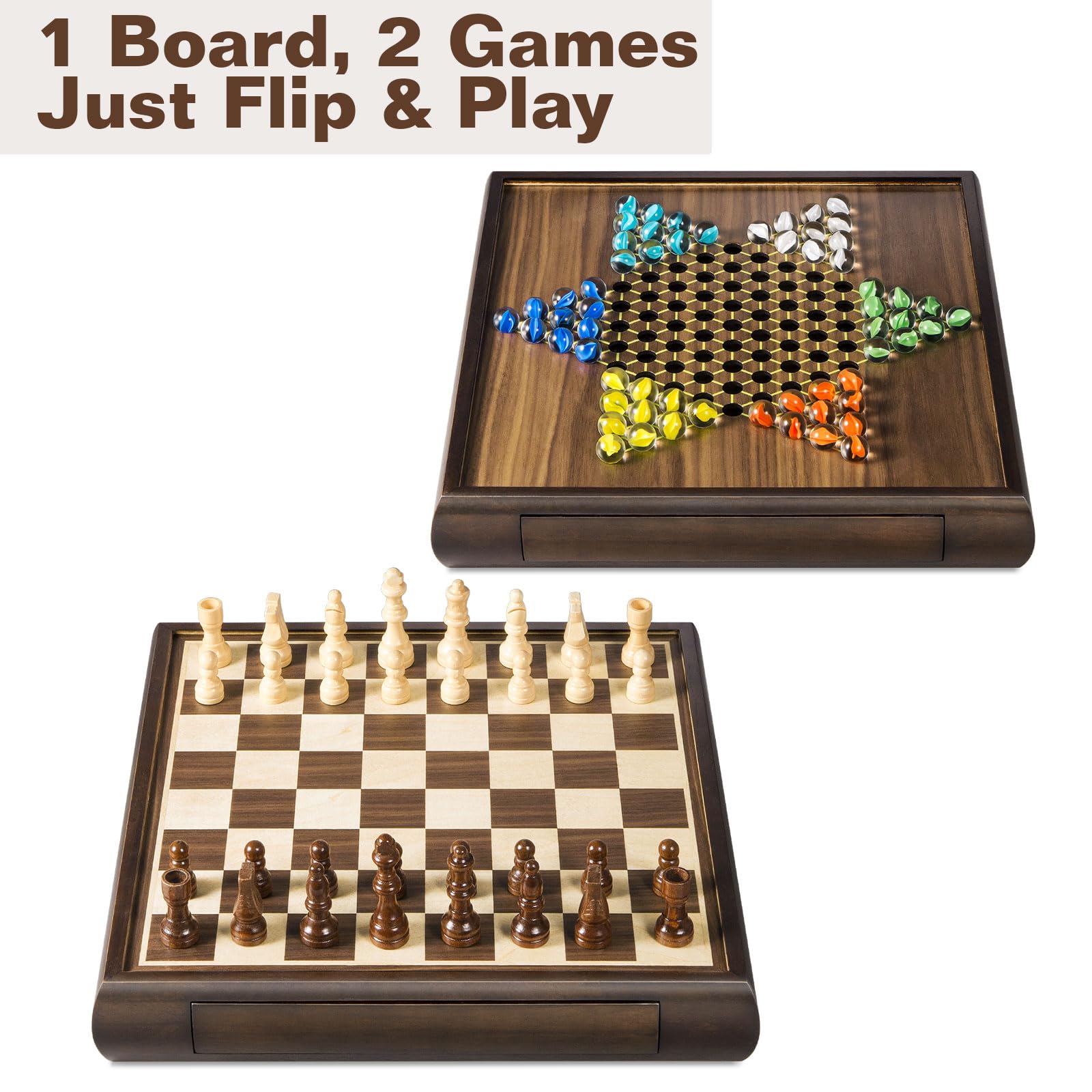 ELONGDI double-sided board ready for chess on one side and Chinese checkers on the other
